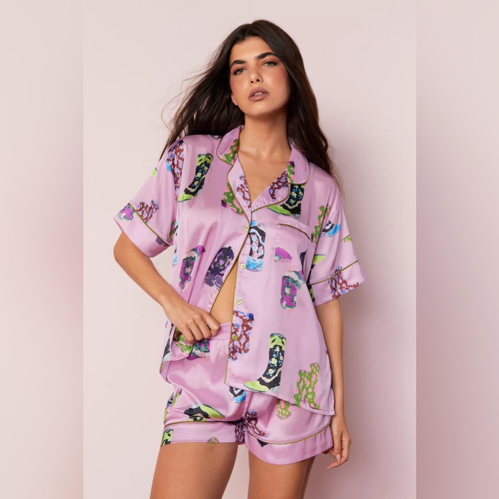 NastyGal Satin Cowboy Boots Pajama Shorts Set, Size Medium. NEW with tags.
